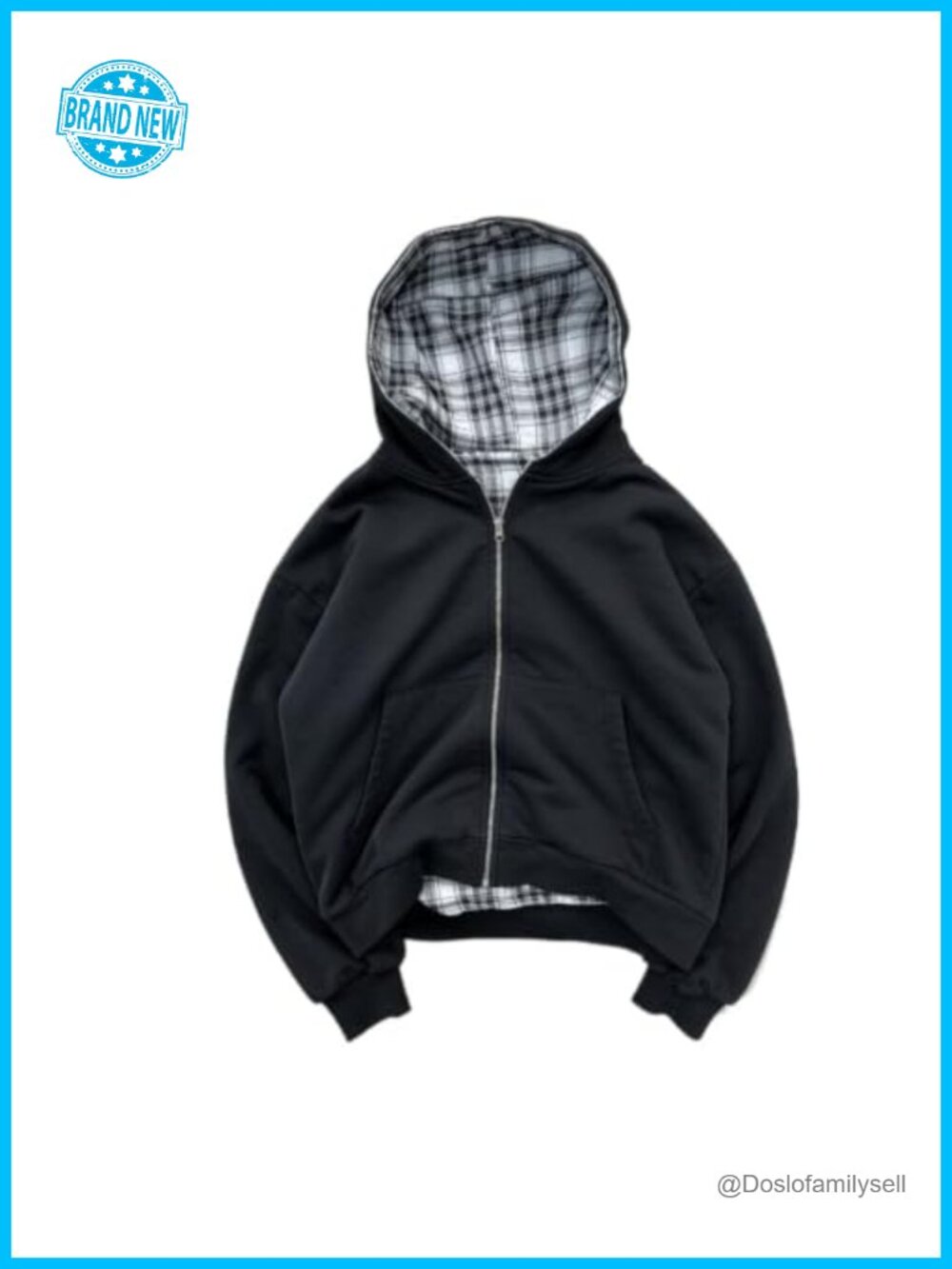 Y2K Plaid Zip Up Hoodie Reversible Oversized Graphic Sweatshirt